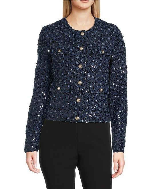 KARL LAGERFELD PARIS Sequin Denim Collarless Long Sleeve Cropped Jacket Product Image