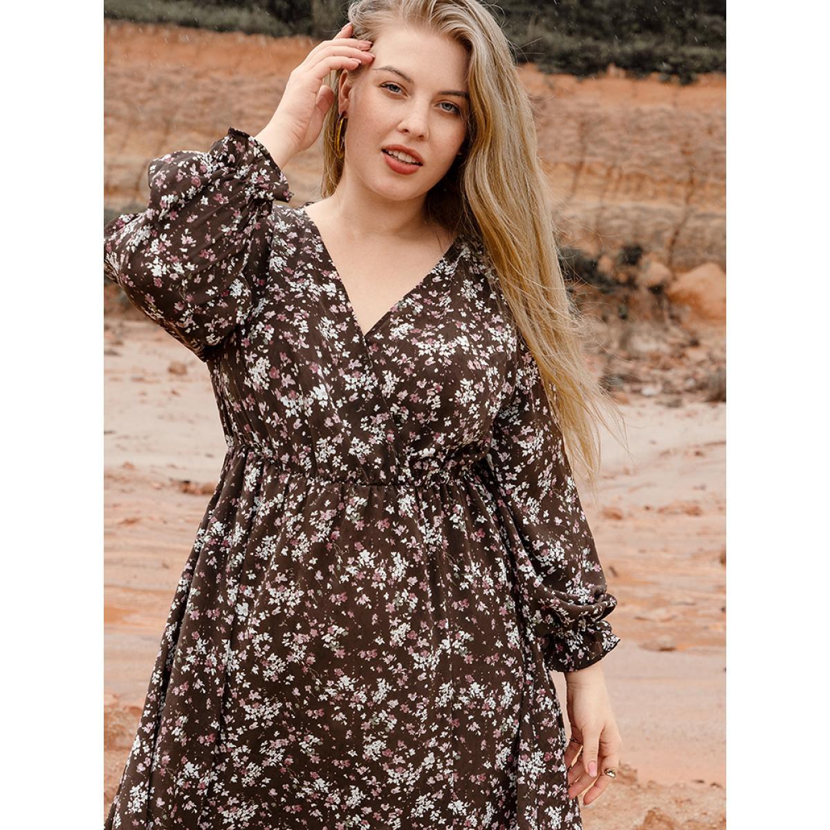 Plus Size Floral Split Pocket Lantern Sleeve Wrap Flutter Midi Dress DarkBrown Women Elegant Elastic Waist V-neck Long Sleeve Curvy Midi Dress BloomChic 30/6X Product Image