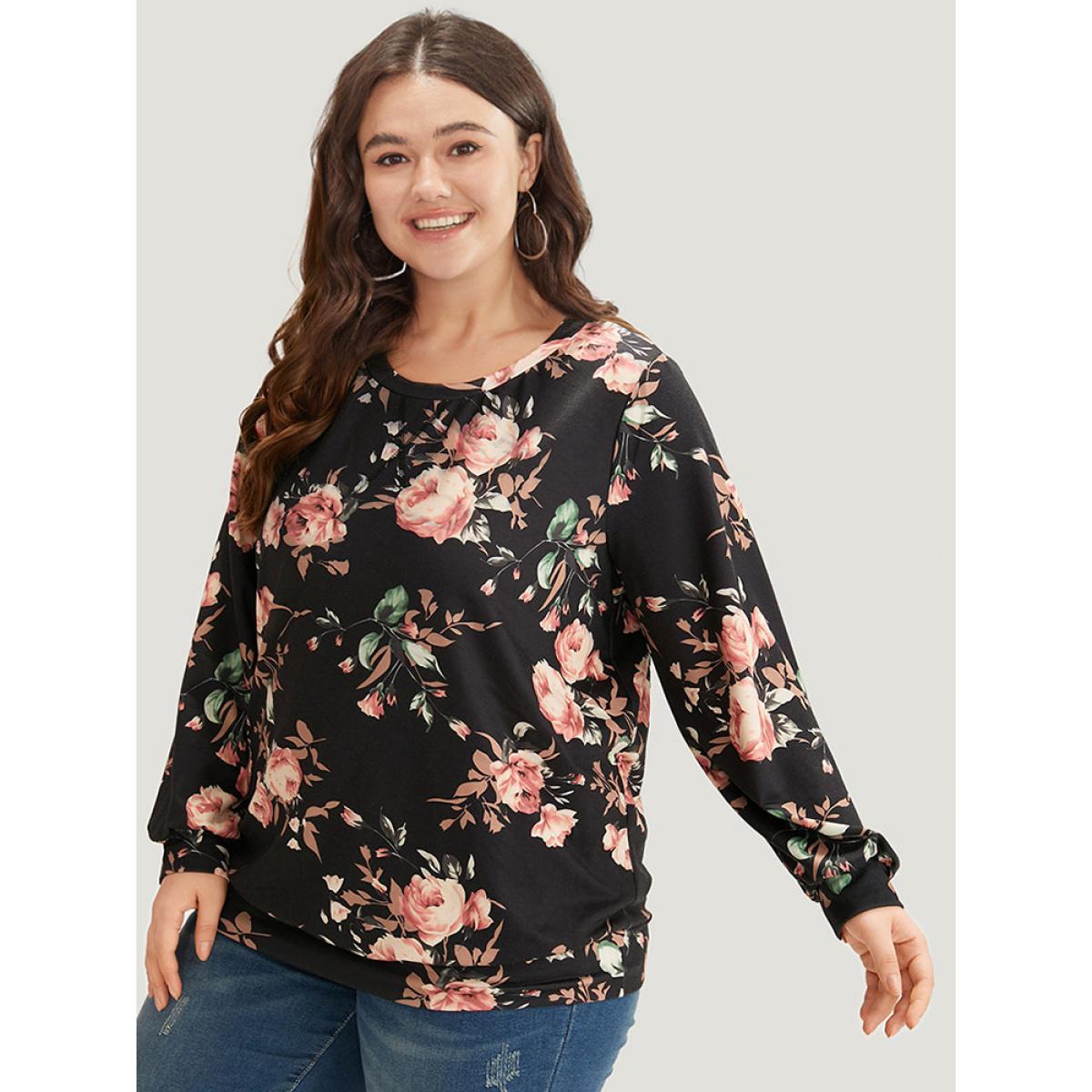 Plus Size Floral Print Round Neck Sweatshirt Women Multicolor Casual Elastic cuffs Round Neck Dailywear Sweatshirts BloomChic 10/M Product Image