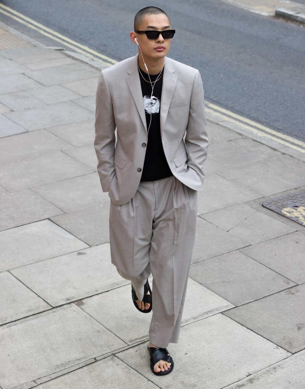 Topman wide leg linen blend suit pants in stone Product Image