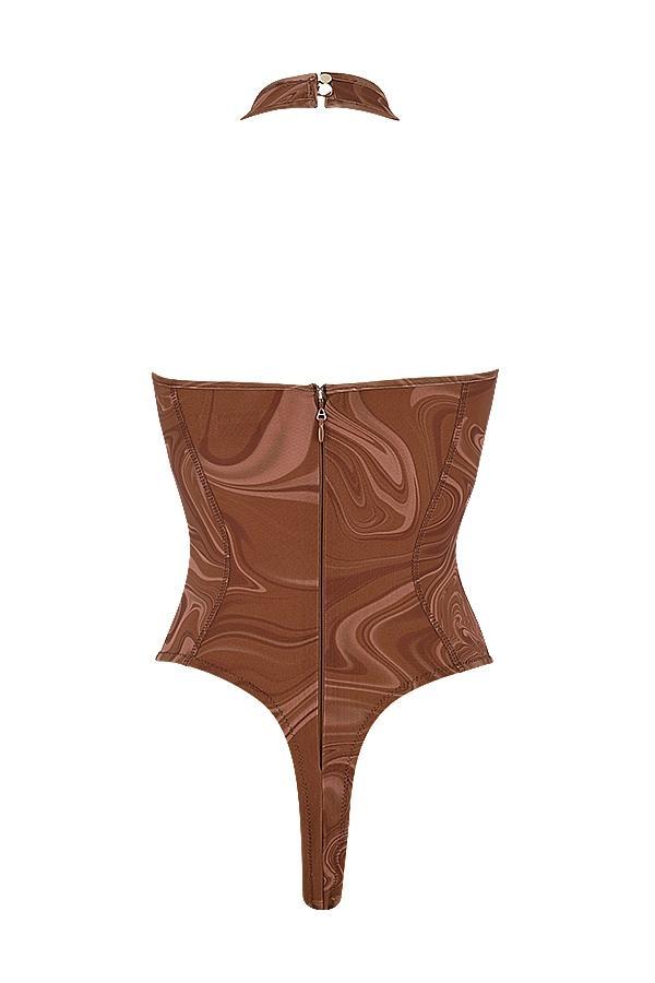 Sabine  cocoa swirl print halter bodysuit Product Image
