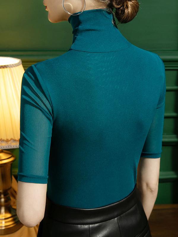 Half Sleeves Plus Size Gauze Hollow Pleated See-Through Split-Joint High Neck T-Shirts Product Image