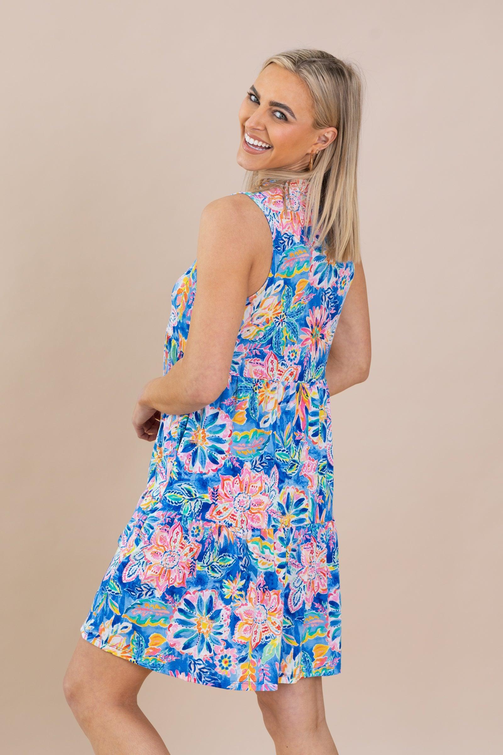 Blue Floral Abstract Tiered Wrinkle Free Dress Product Image