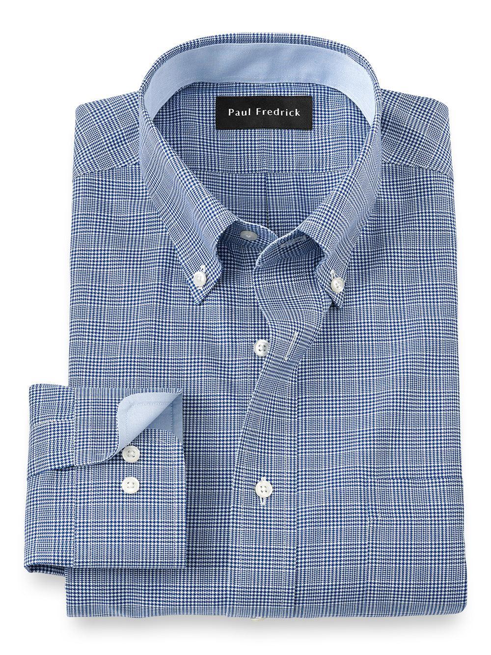 Non-Iron Cotton Plaid Dress Shirt With Contrast Trim - Blue Product Image