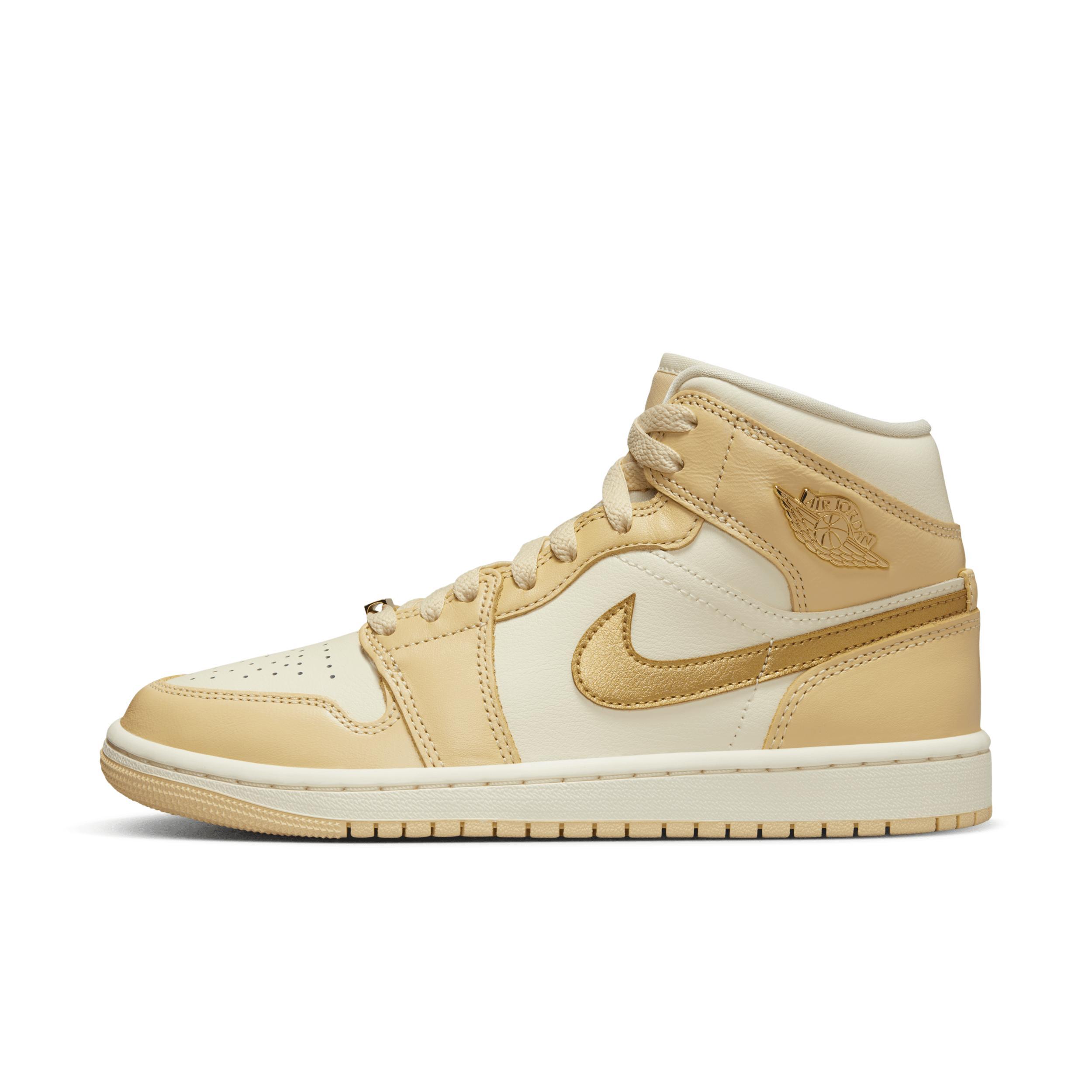 Jordan Womens AJ 1 Mid SE - Basketball Shoes Gold/White/Beige Product Image