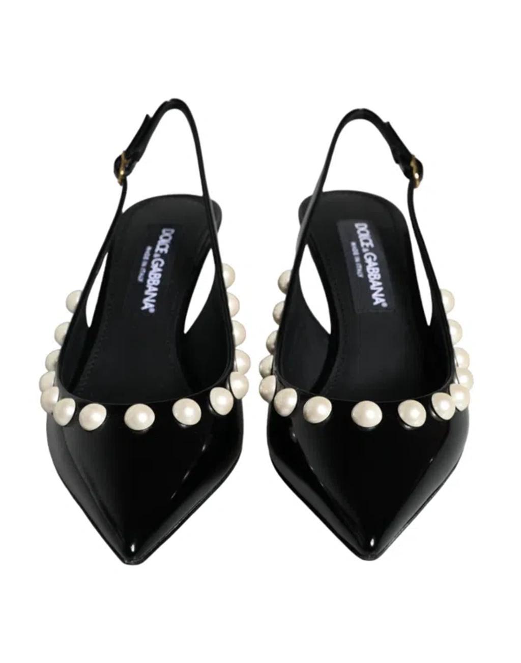 DOLCE & GABBANA Black Leather Faux Pearl Heel Slingback Shoes Product Image