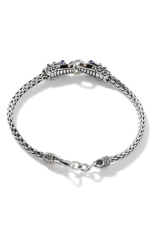 Womens Naga Dragon Silver & Blue Sapphire Double Dragon Head Slim Chain Bracelet Product Image