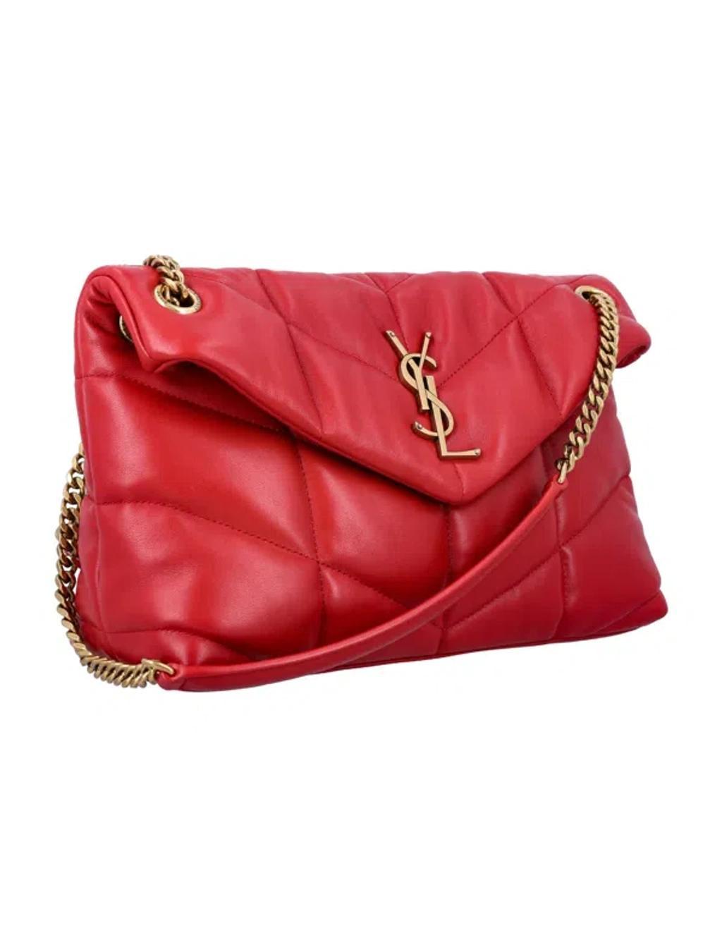 SAINT LAURENT Logo Plaque Puffer Chained Shoulder Bag In Red Product Image