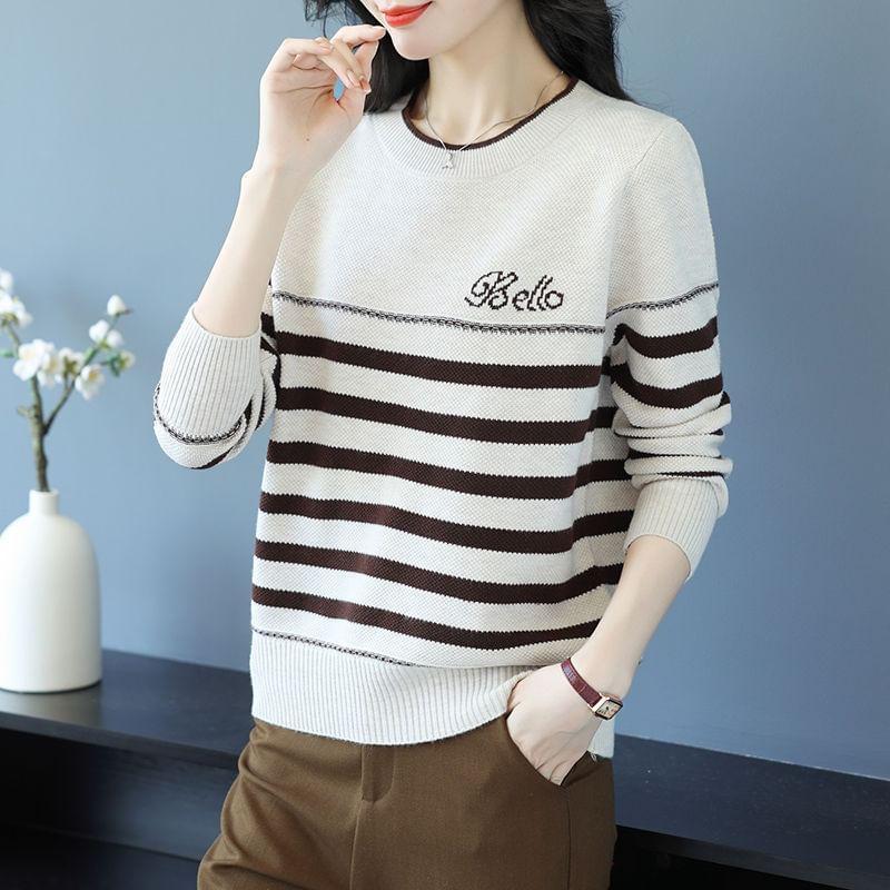 Long-Sleeve Crewneck Striped Knit Top Product Image