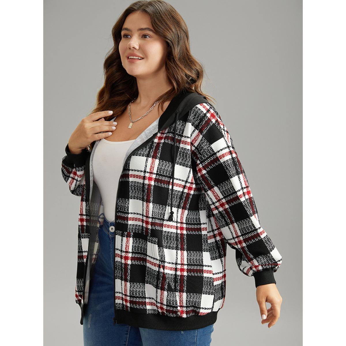 Plus Size Plaid Hooded Drawstring Zipper Sweatshirt Women Black Casual Elastic cuffs Hooded Dailywear Sweatshirts BloomChic 14-16/1X Product Image