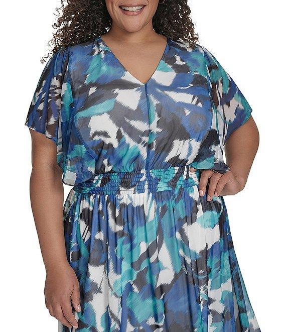 DKNY by Donna Karan Plus Size Short Sleeve Printed Blouson Midi Dress Product Image