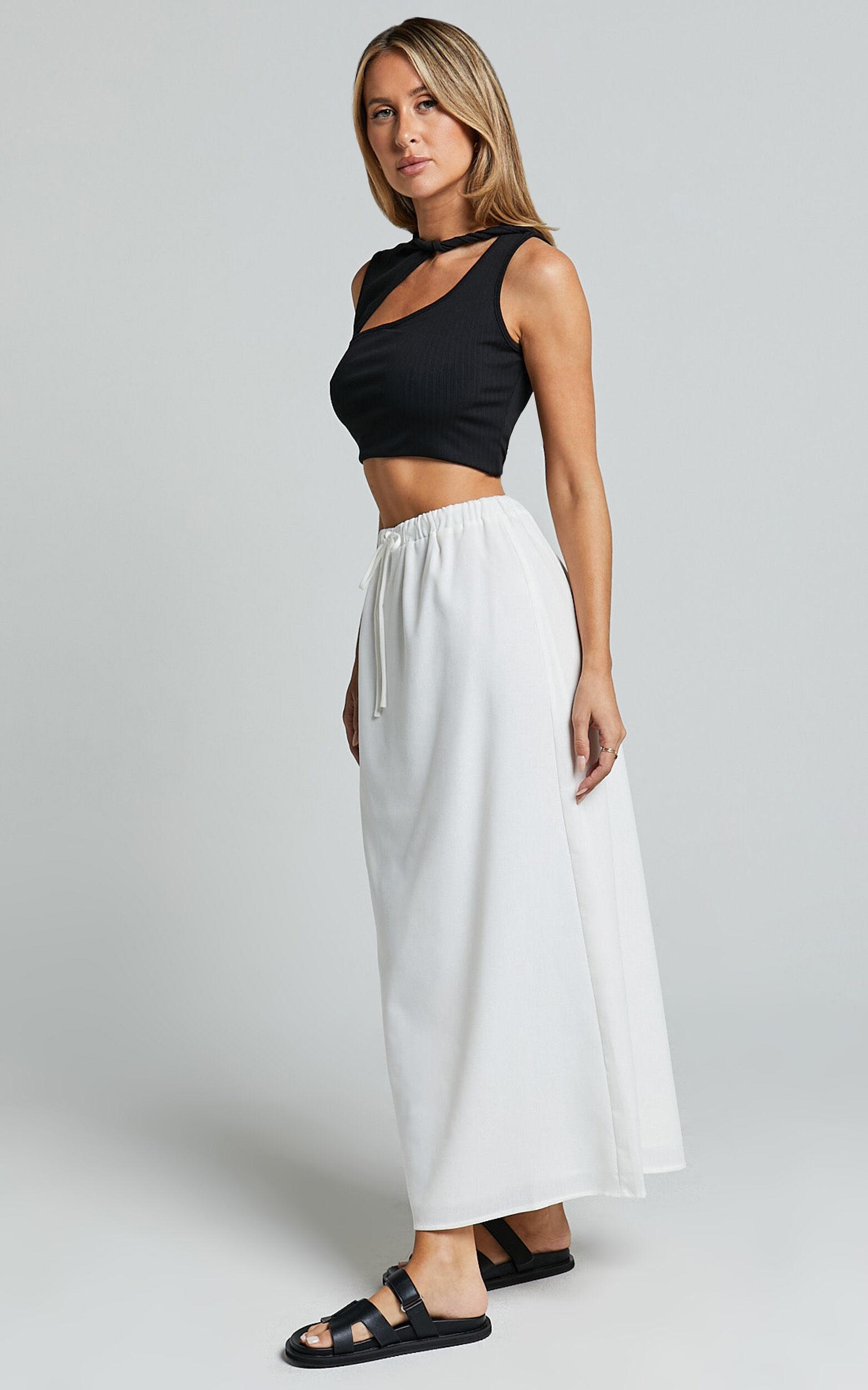 Bree Midi Skirt - Tie Waist Linen Look A Line Skirt in White Product Image