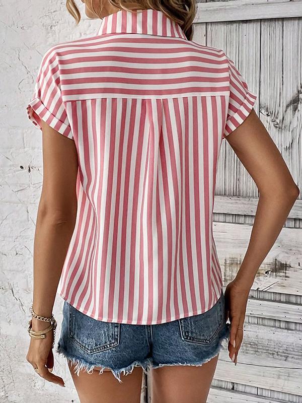 Loose Short Sleeves Contrast Color Split-Joint Striped Patterns Lapel Blouses&Shirts Tops Product Image