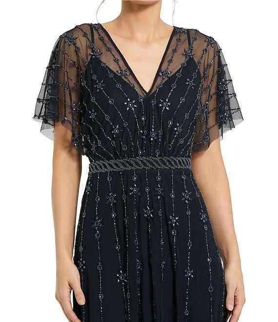 Mac Duggal Beaded V-Neck Short Flutter Sleeve A-Line Gown Product Image