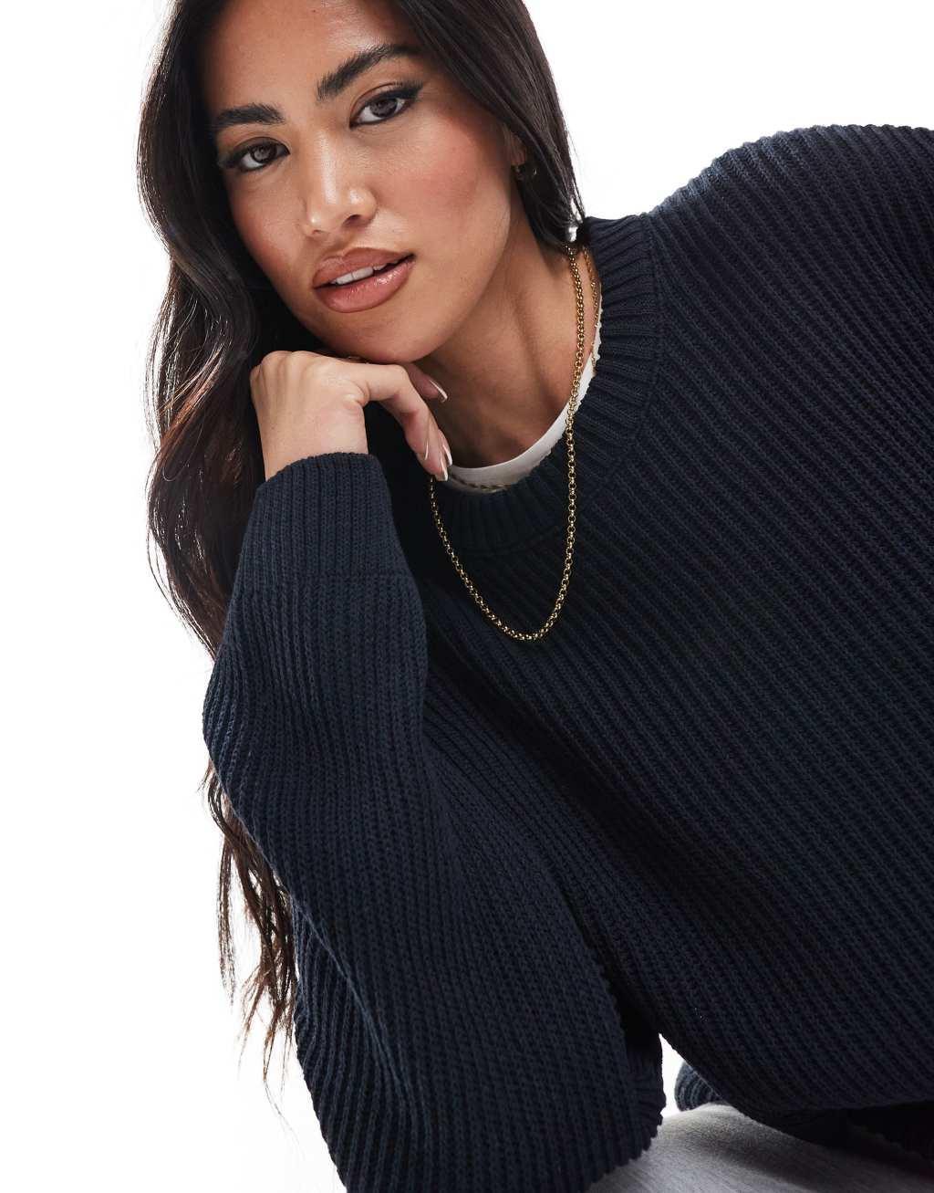 ASOS DESIGN fisherman knit sweater in navy Product Image
