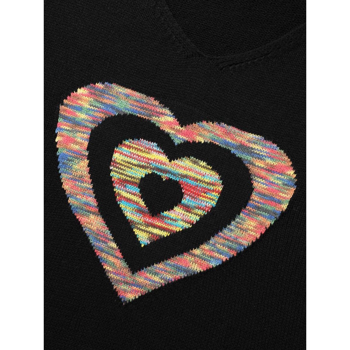 Plus Size Contrast Heart Jacquard Drop Shoulder Pullover Black Women Casual Loose Long Sleeve V-neck Everyday Pullovers BloomChic 22-24/3X Product Image