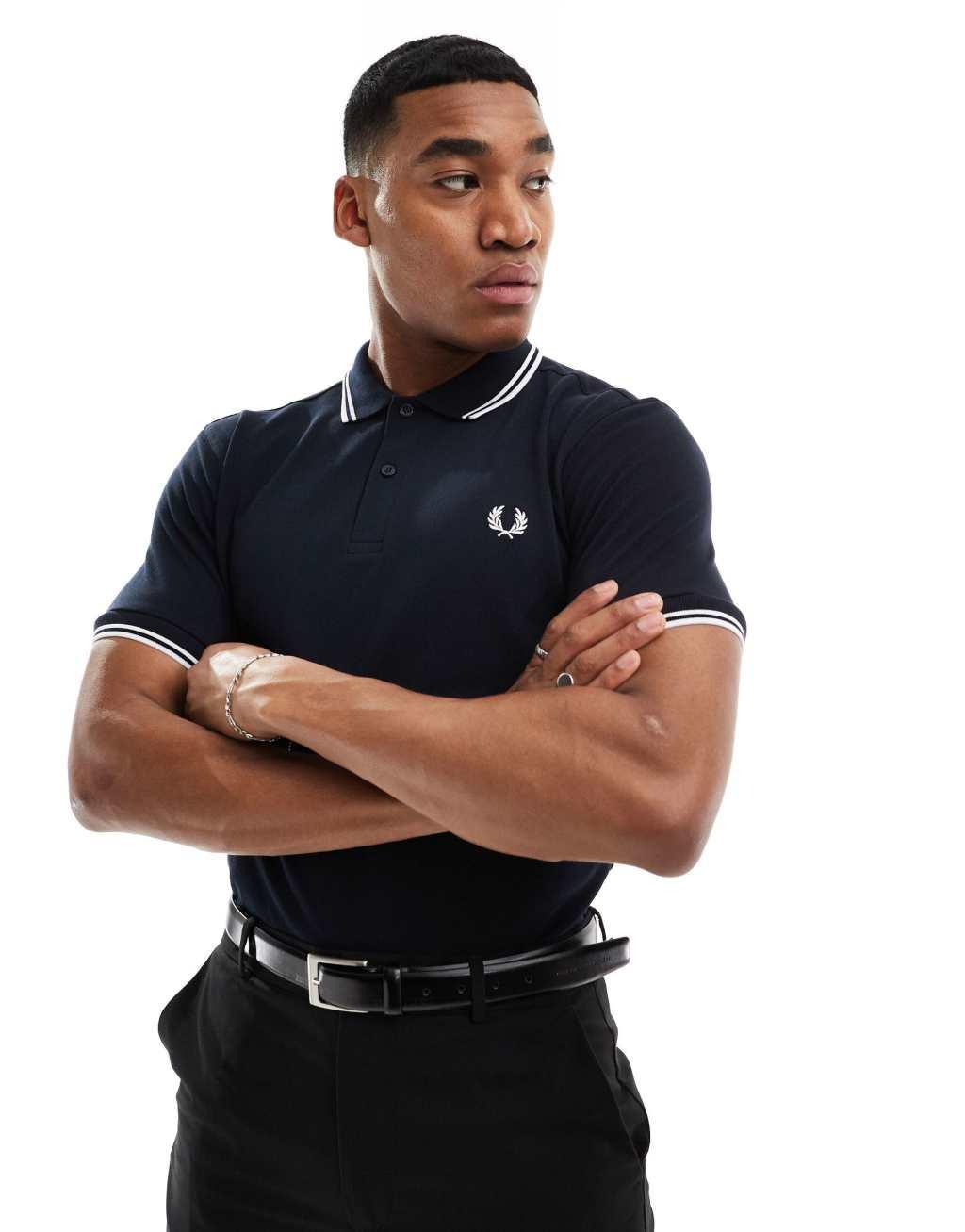 Fred Perry twin tipped logo polo in navy/white Product Image