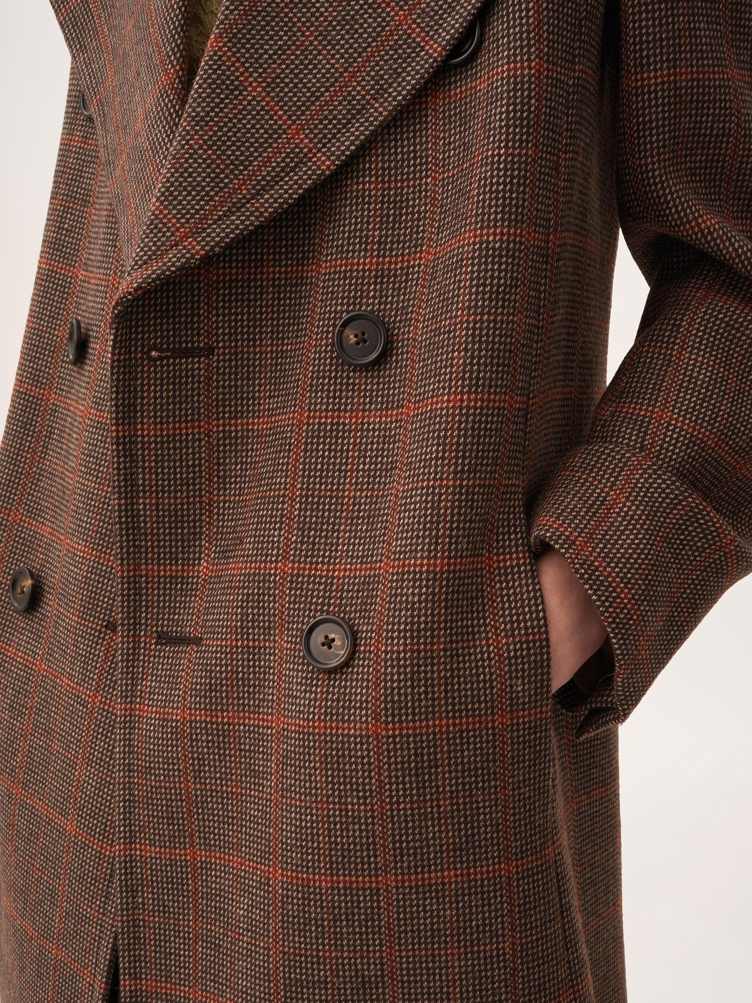 Long double-breasted coat in check wool Product Image
