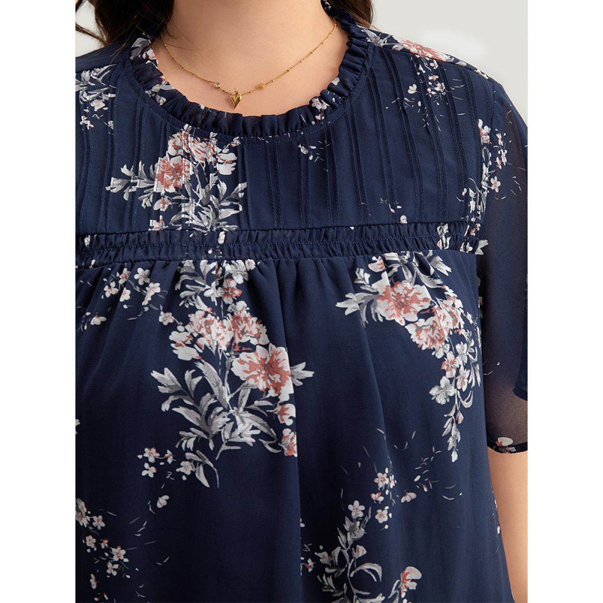 Plus Size Burgundy Floral Print Frill Trim Shirred Flutter Sleeve Blouse Women Elegant Short sleeve Round Neck Dailywear Blouses BloomChic 30/6X Product Image