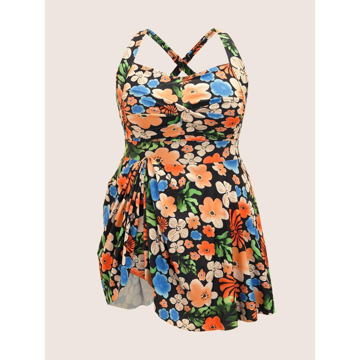 Plus Size Floral Heart Neckline Twist Front Swim Dress Women's Swimwear Multicolor Beach Bodycon Heart neckline High stretch Curve Swim Dresses BloomChic 22-24/3X Product Image
