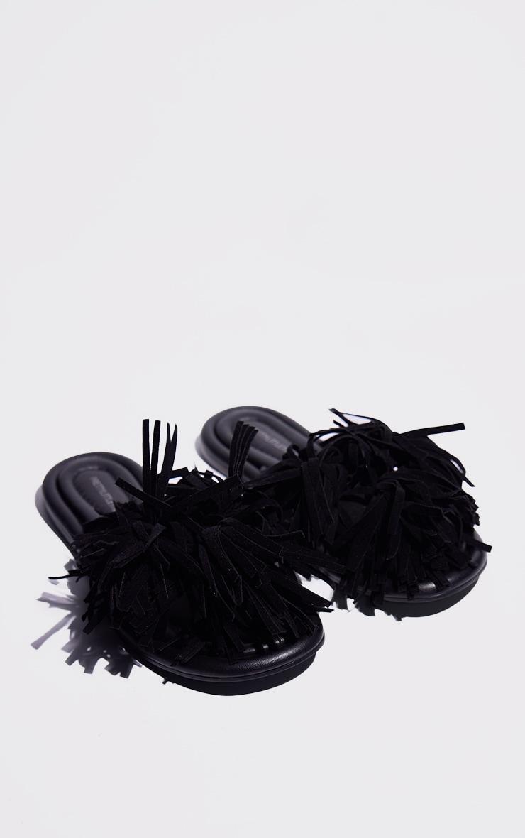 Black Leather Round Toe Faux Suede Tassel Strap Flat Sandals Product Image