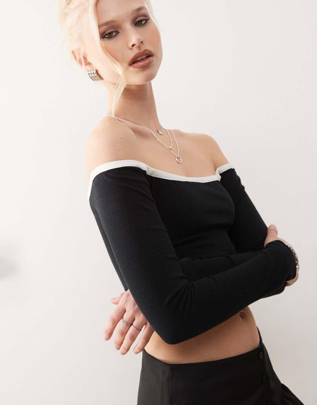 Princess Polly contrast edge bardot long sleeve crop top in black mono Product Image