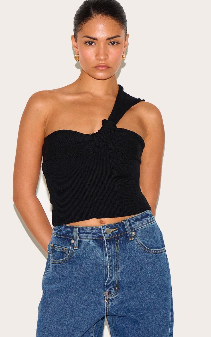 Petite Black Knitted One Shoulder Bow Top Product Image