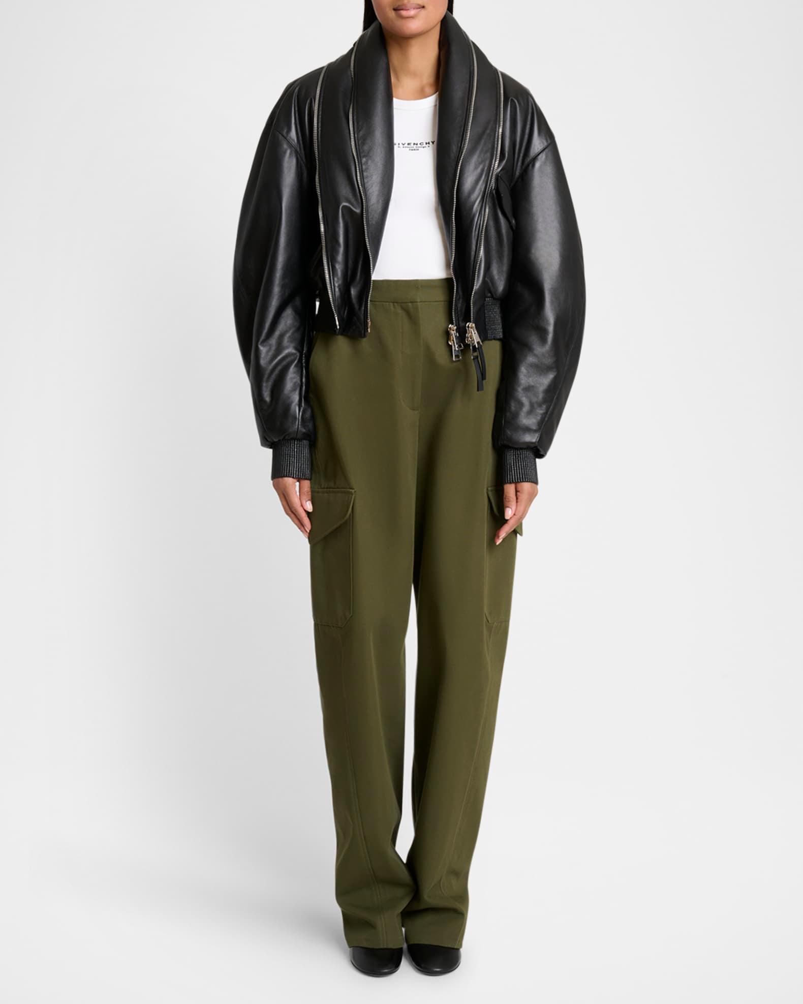 Double Shawl-Collar Leather Crop Bomber Jacket Product Image