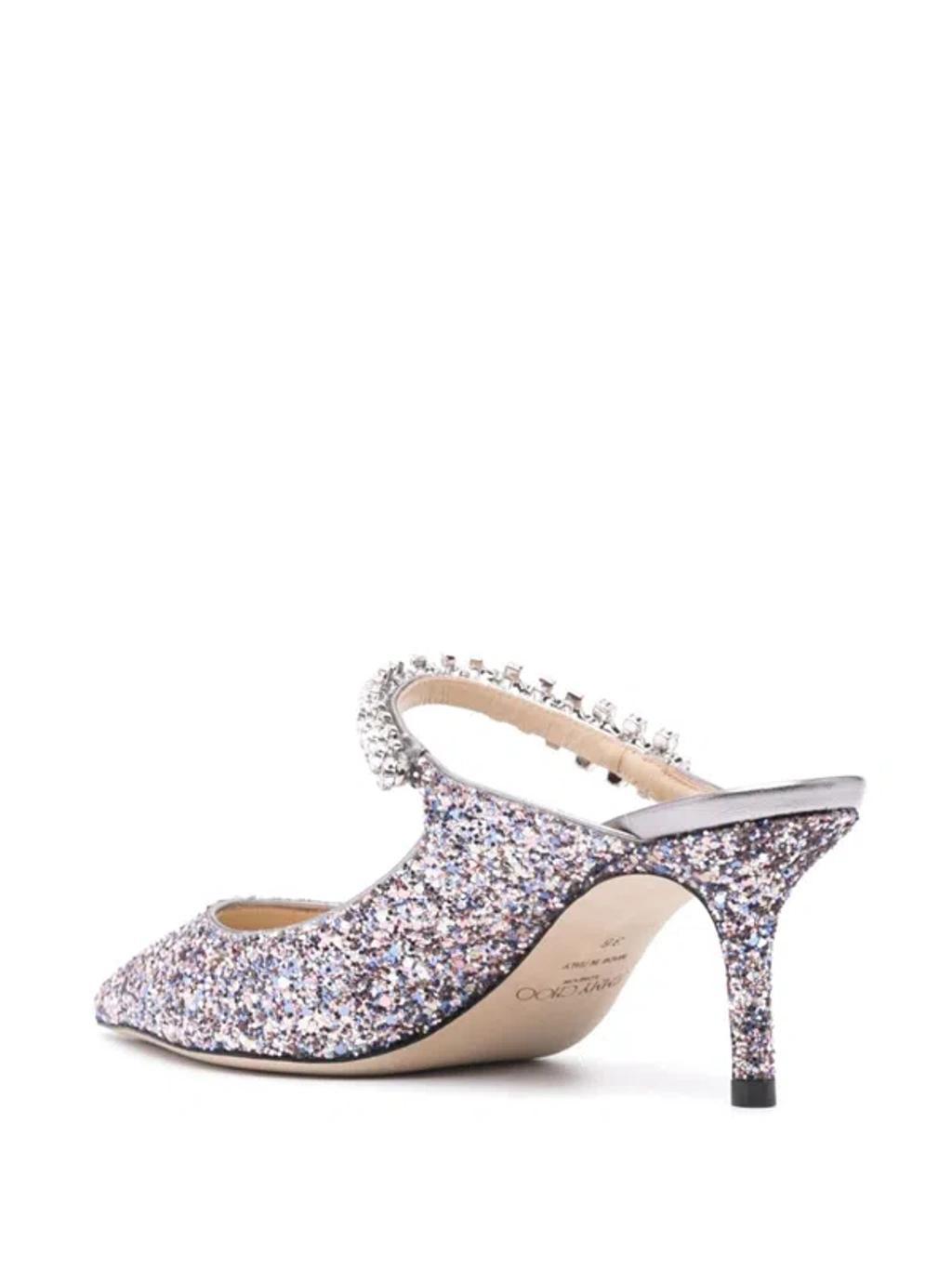 JIMMY CHOO Women's Bing 65 Crystal Strap Glitter Heel Mules In Silver Product Image