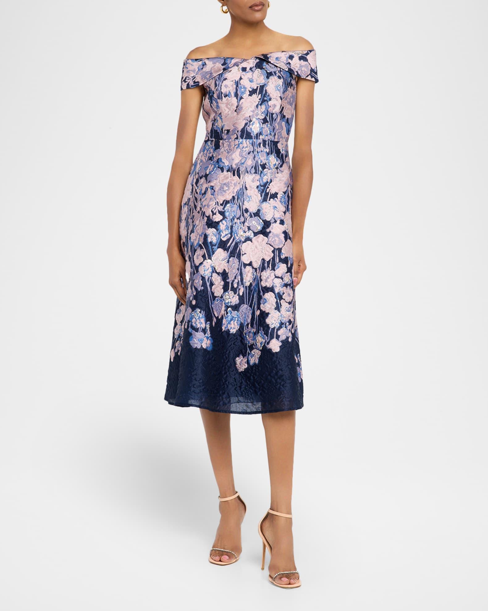 Off-Shoulder Floral Jacquard Midi Dress Product Image