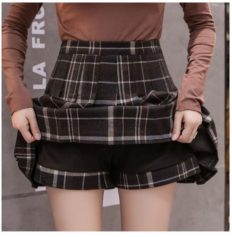 High Rise Plaid Pleated Mini A-Line Skirt Product Image