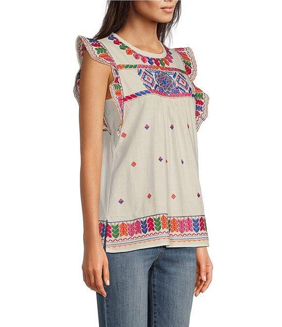 Calessa Embroidered Round Neck Ruffled Cap Sleeve Tunic Product Image