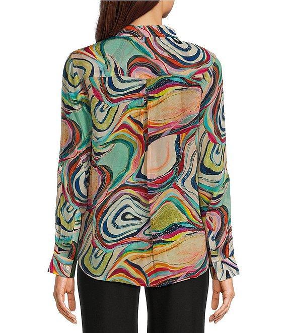 APNY Abstract Print Point Collar Roll Sleeve Button Front Blouse Product Image