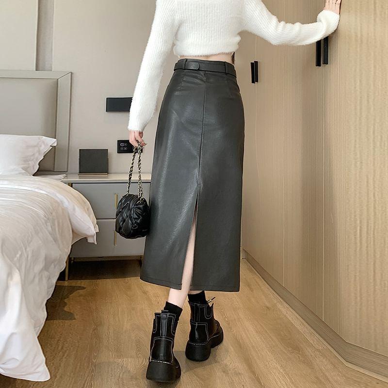 Set: High Rise Faux Leather Midi A-Line Skirt + Belt Product Image