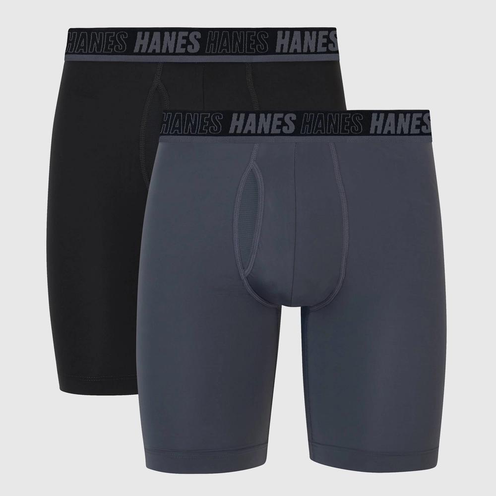 Hanes Moves Premium Mens Anti-Chafe Total Support Pouch X-Temp Long Leg Boxer Briefs 2pk Black Product Image