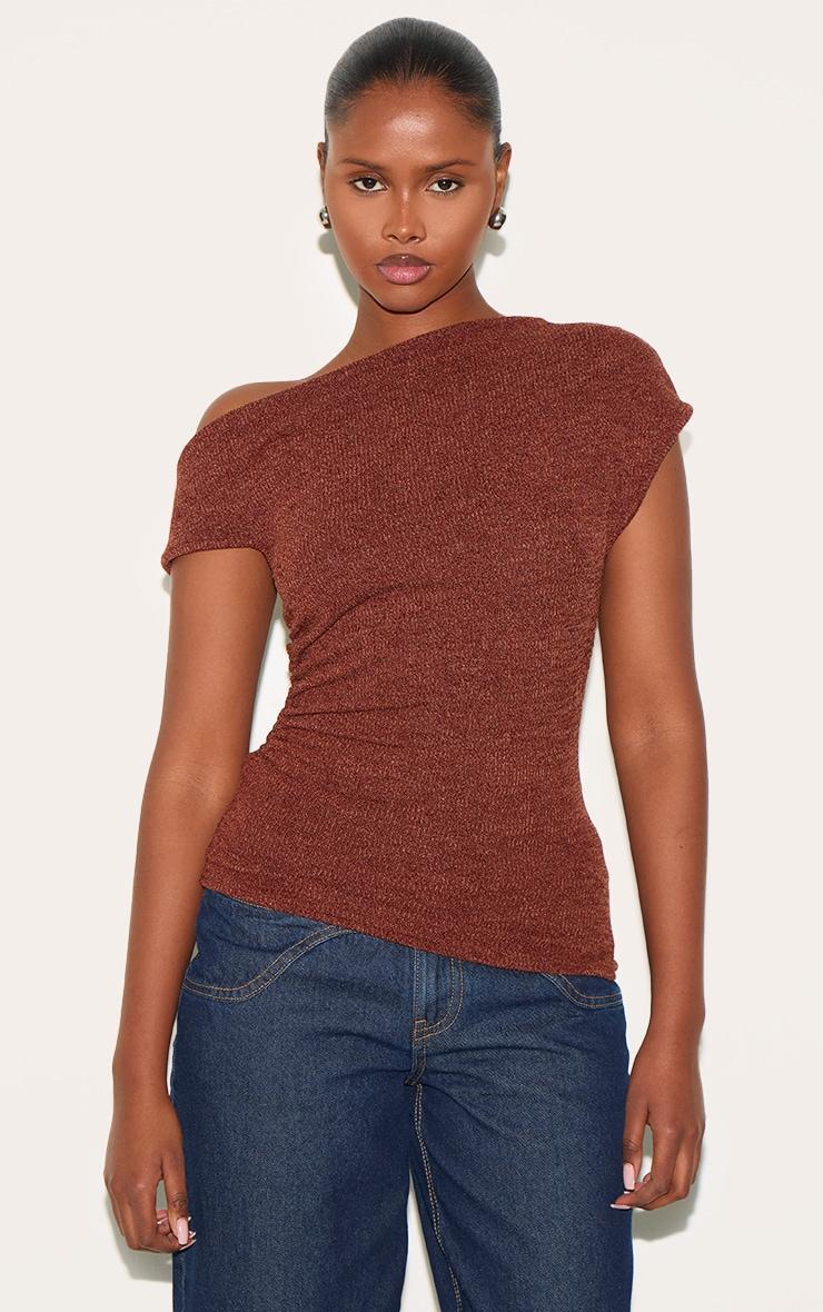  Brown Textured Ruched Asymmetric Longline Top Product Image