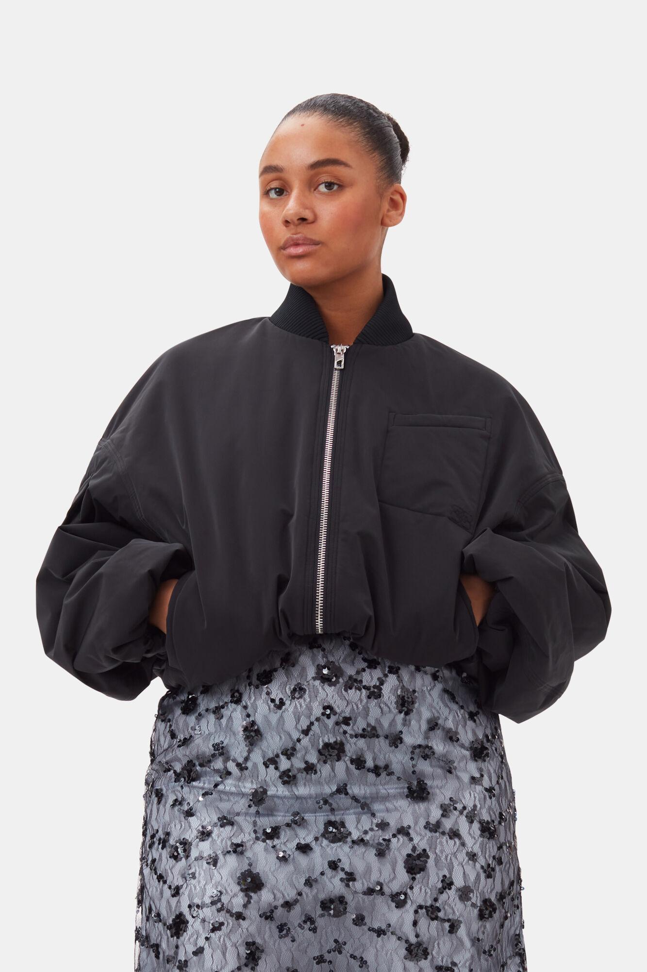 Black Twill Oversized Short Bomber Jacket Product Image