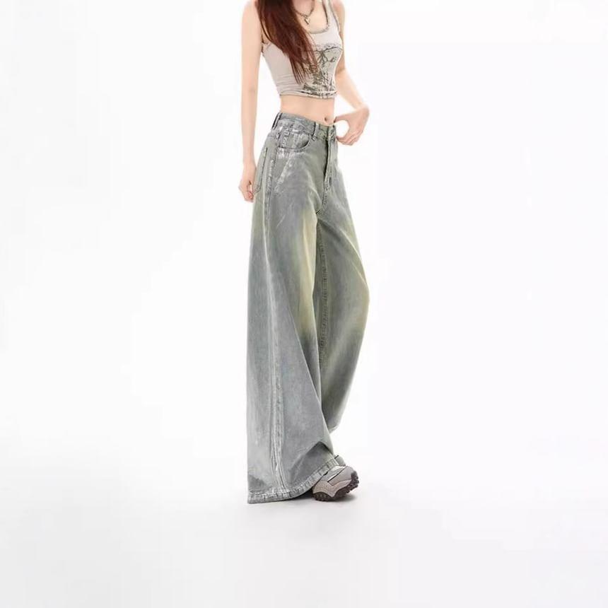 High Rise Washed Silver Pressed Loose-Fit Wide-Leg Jeans Product Image