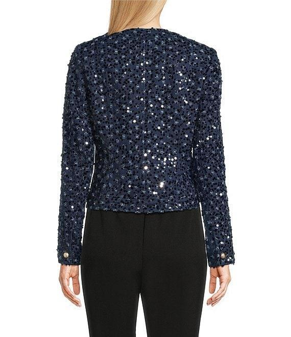 KARL LAGERFELD PARIS Sequin Denim Collarless Long Sleeve Cropped Jacket Product Image