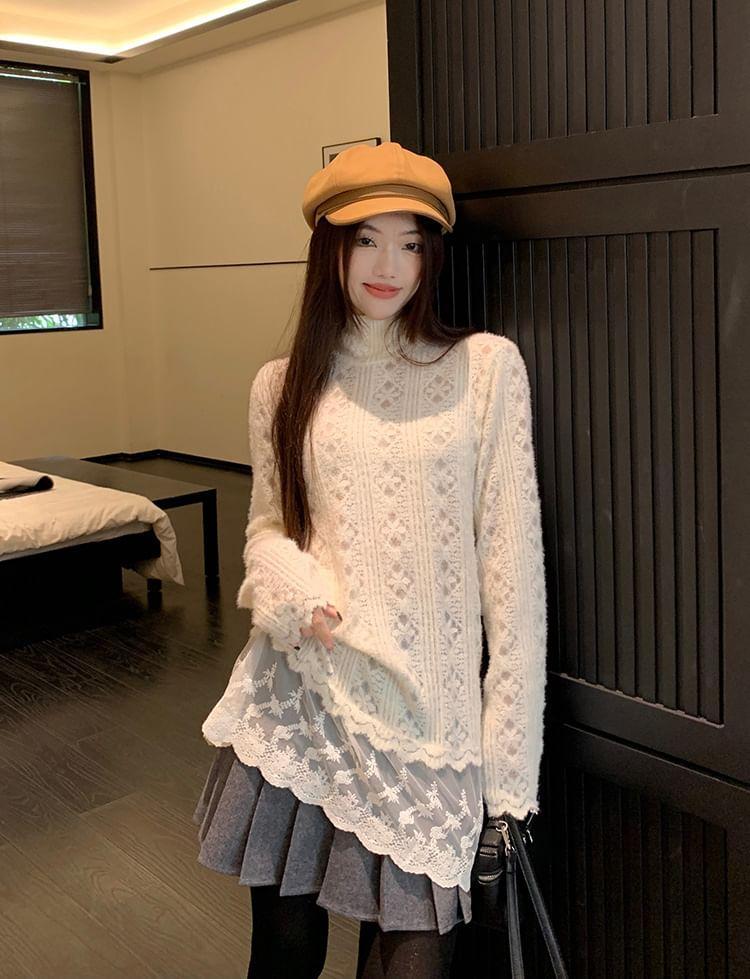 Long Sleeve Mock Neck Plain Panel Lace Top Product Image