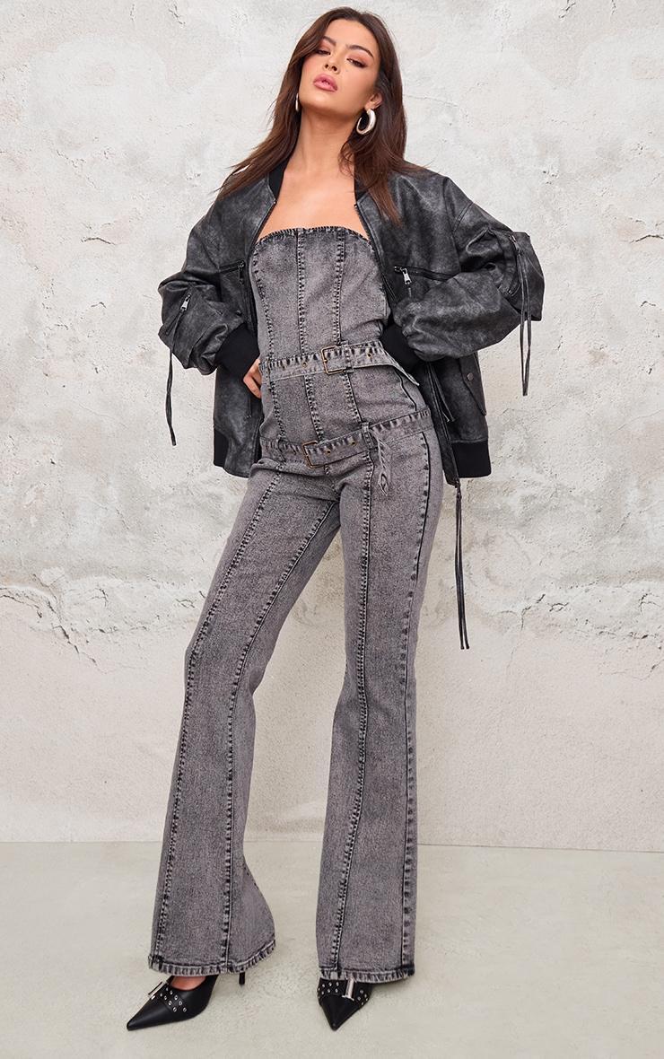 Washed Grey Buckle Detail Straight Leg Denim Jumpsuit Product Image