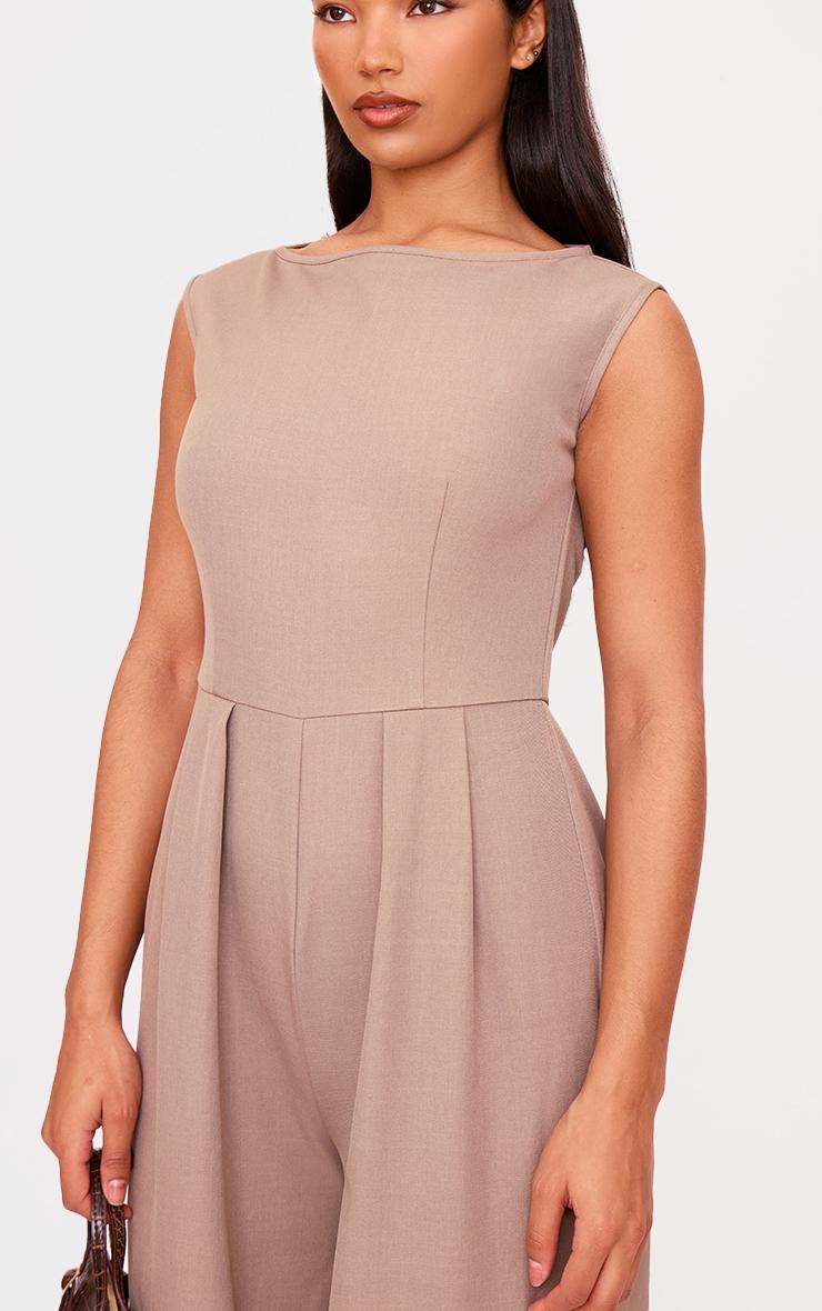 Stone Structured Woven Boat Neck Tailored Straight Leg Jumpsuit Product Image