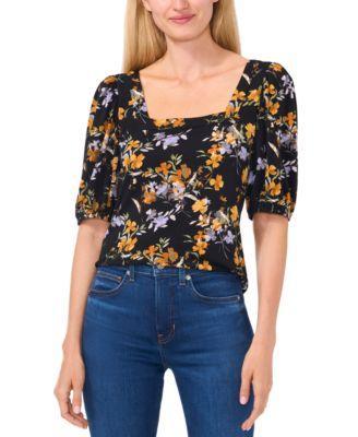 CeCe Womens Floral Square-Neck Puff-Sleeve Top Product Image