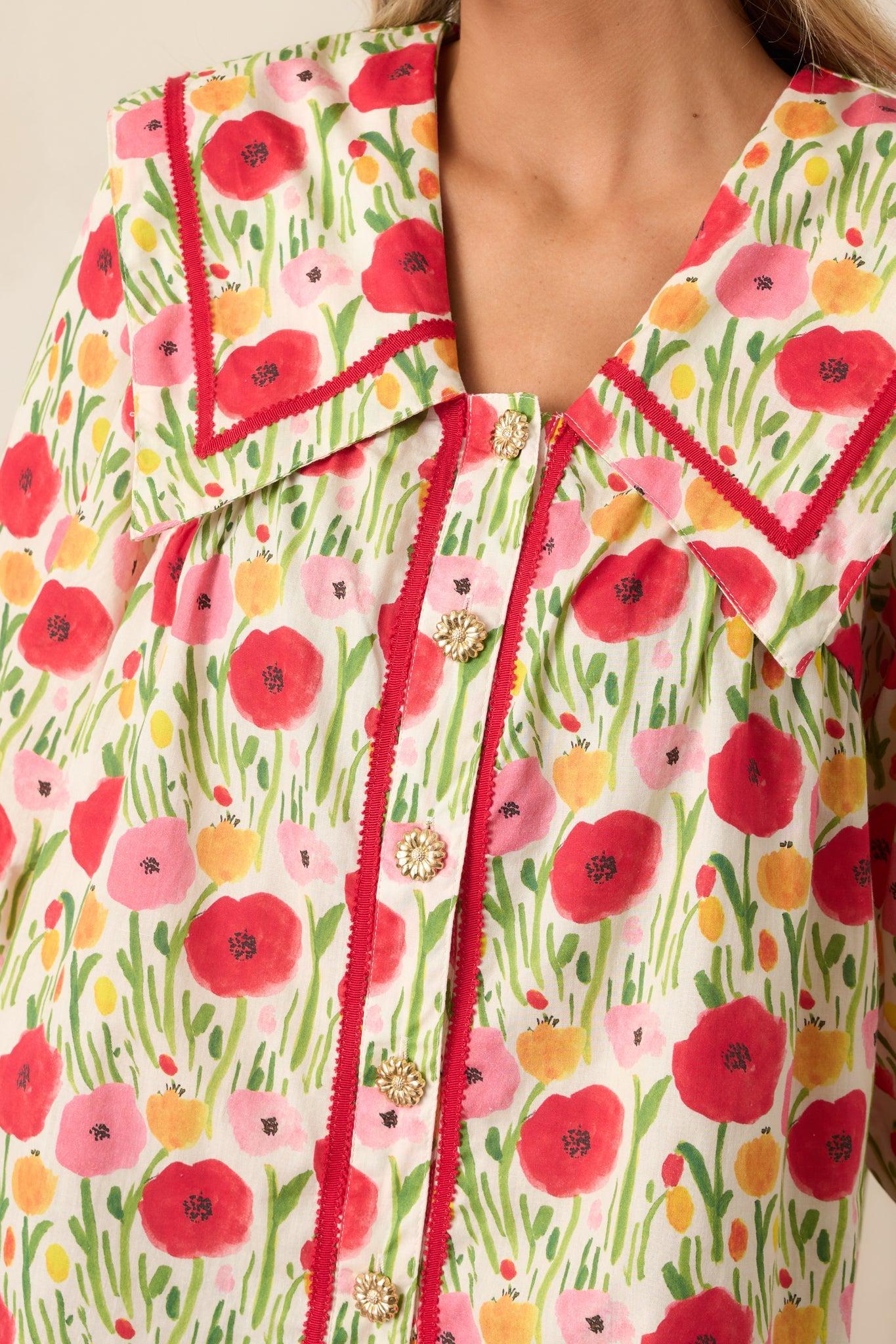 Morning Delight Cotton Red Button Front Blouse Product Image