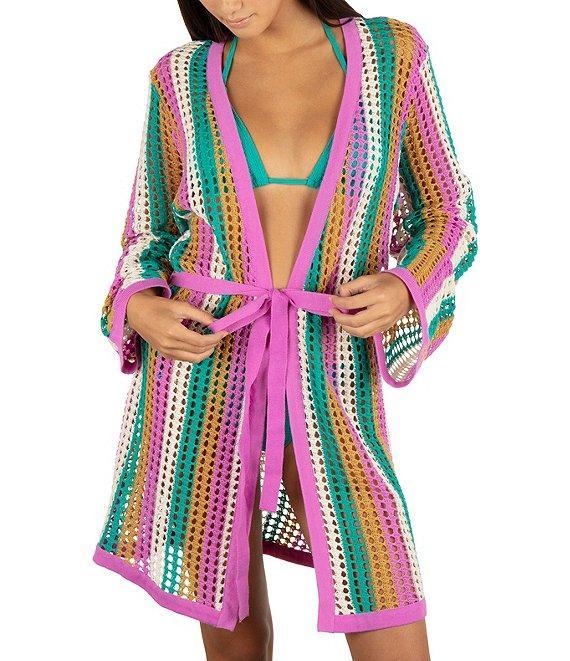 Hurley Stripe Crochet Knit Open Front Rope Swim Cover-Up Product Image