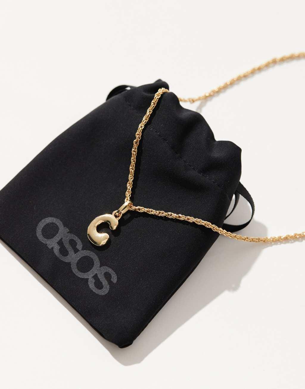 ASOS DESIGN 14k gold plated necklace with bubble C initial design with gift bag Product Image