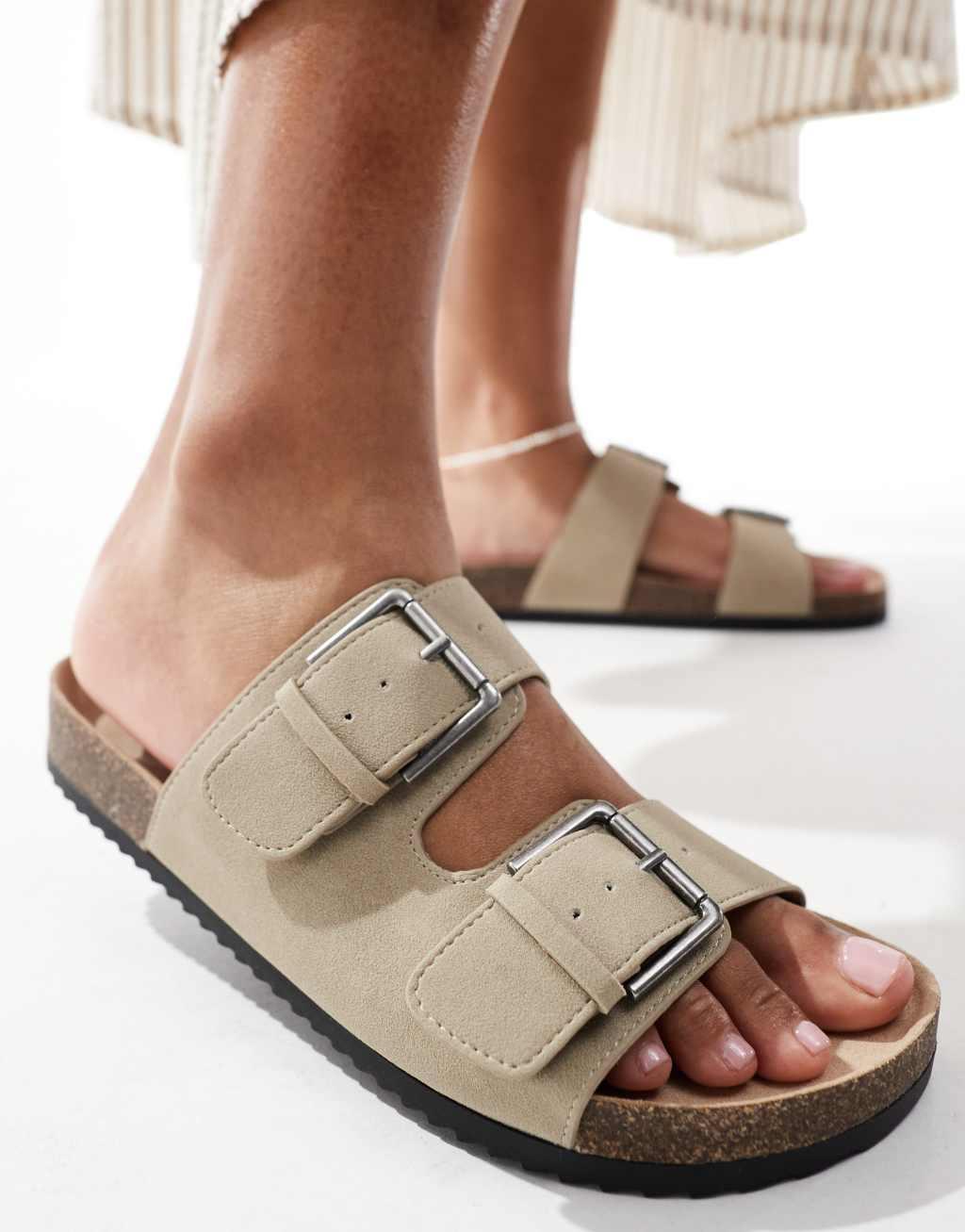 Pull&Bear suede double strap sandals in beige Product Image