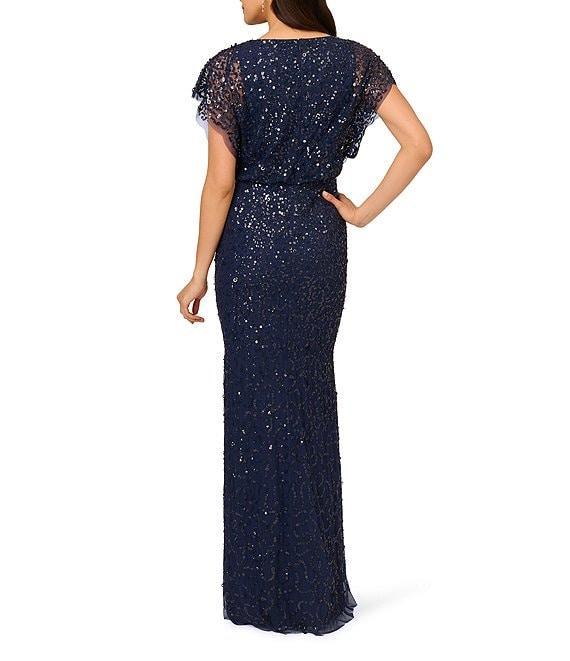 Adrianna Papell Petite Size Beaded Sequin Mesh Floral Mermaid Boat Neck Short Dolman Sleeve Gown Product Image