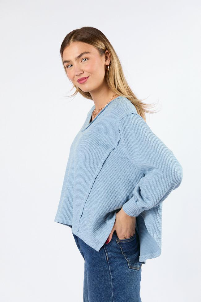 Never Say Never Dusty Blue Ribbed Knit V-Neck Long Sleeve Top FINAL SALE Product Image