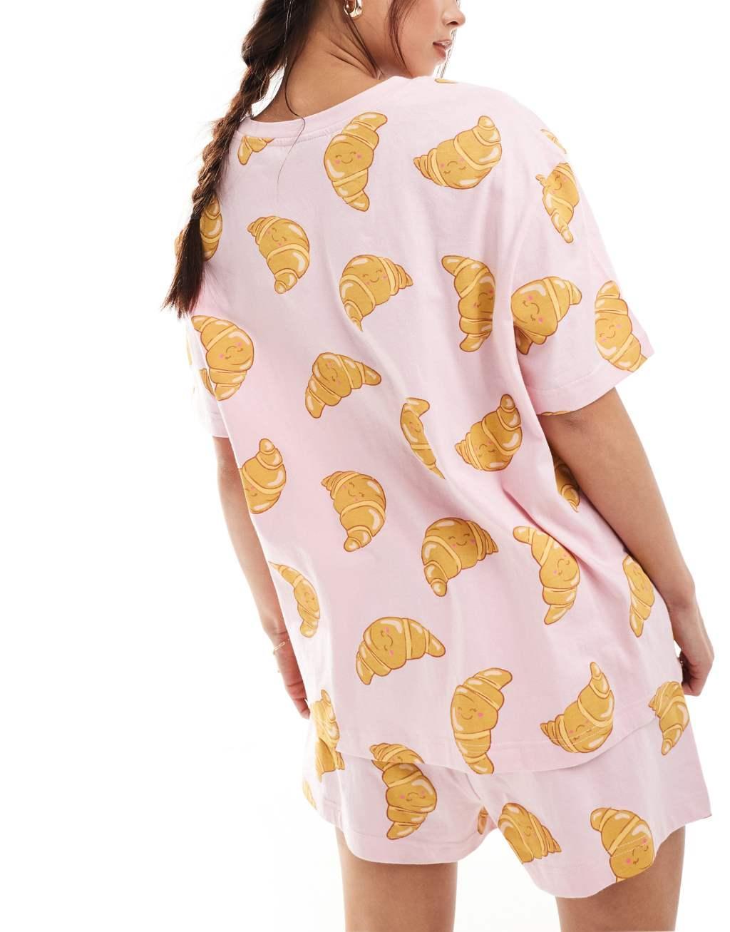 ASOS DESIGN croissant oversized tee & shorts pajama set in pink Product Image